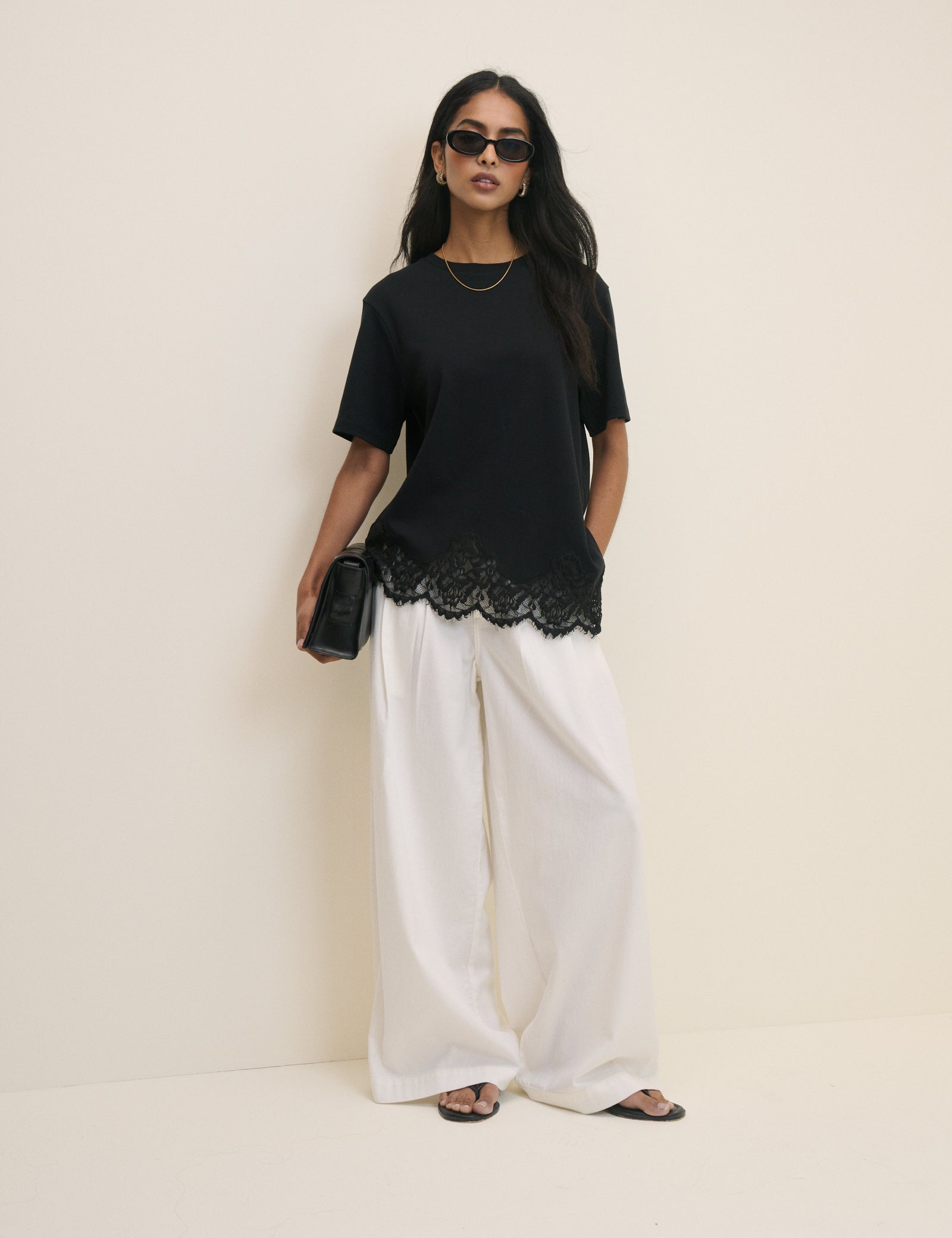 Black Asymmetric Lace Hem Top
