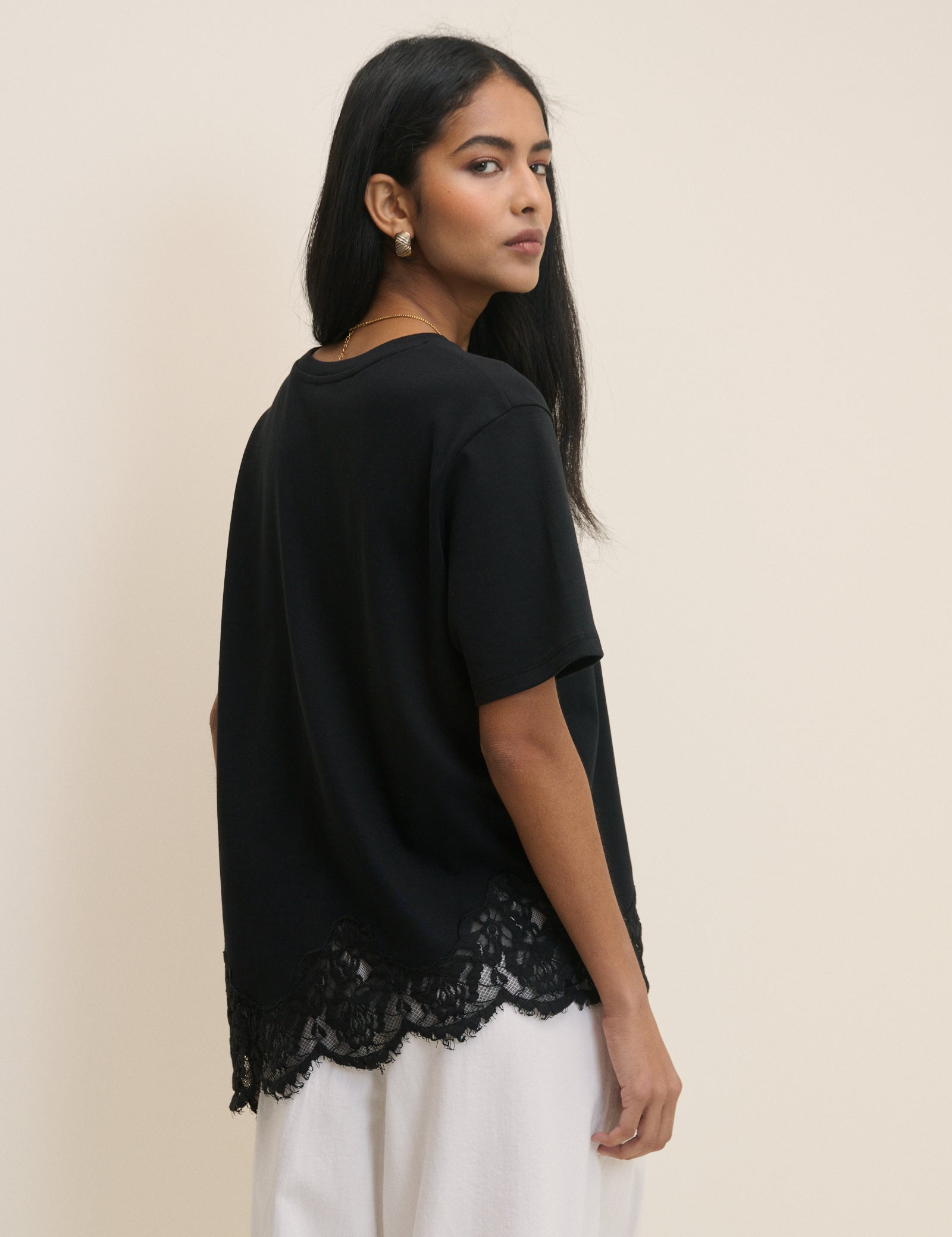 Black Asymmetric Lace Hem Top