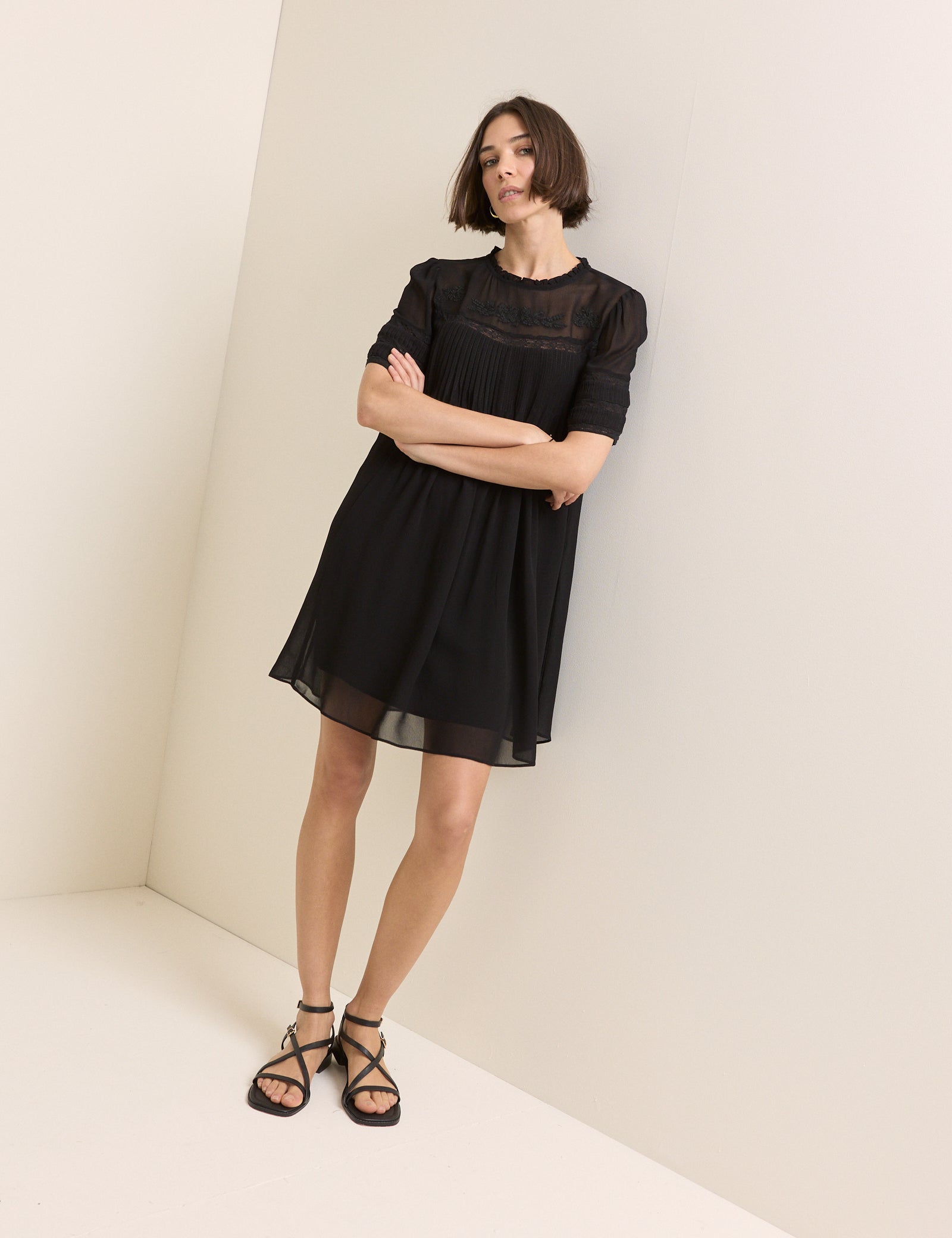 Black Pintuck Lace Trim Tally Mini Dress