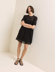 Black Pintuck Lace Trim Tally Mini Dress
