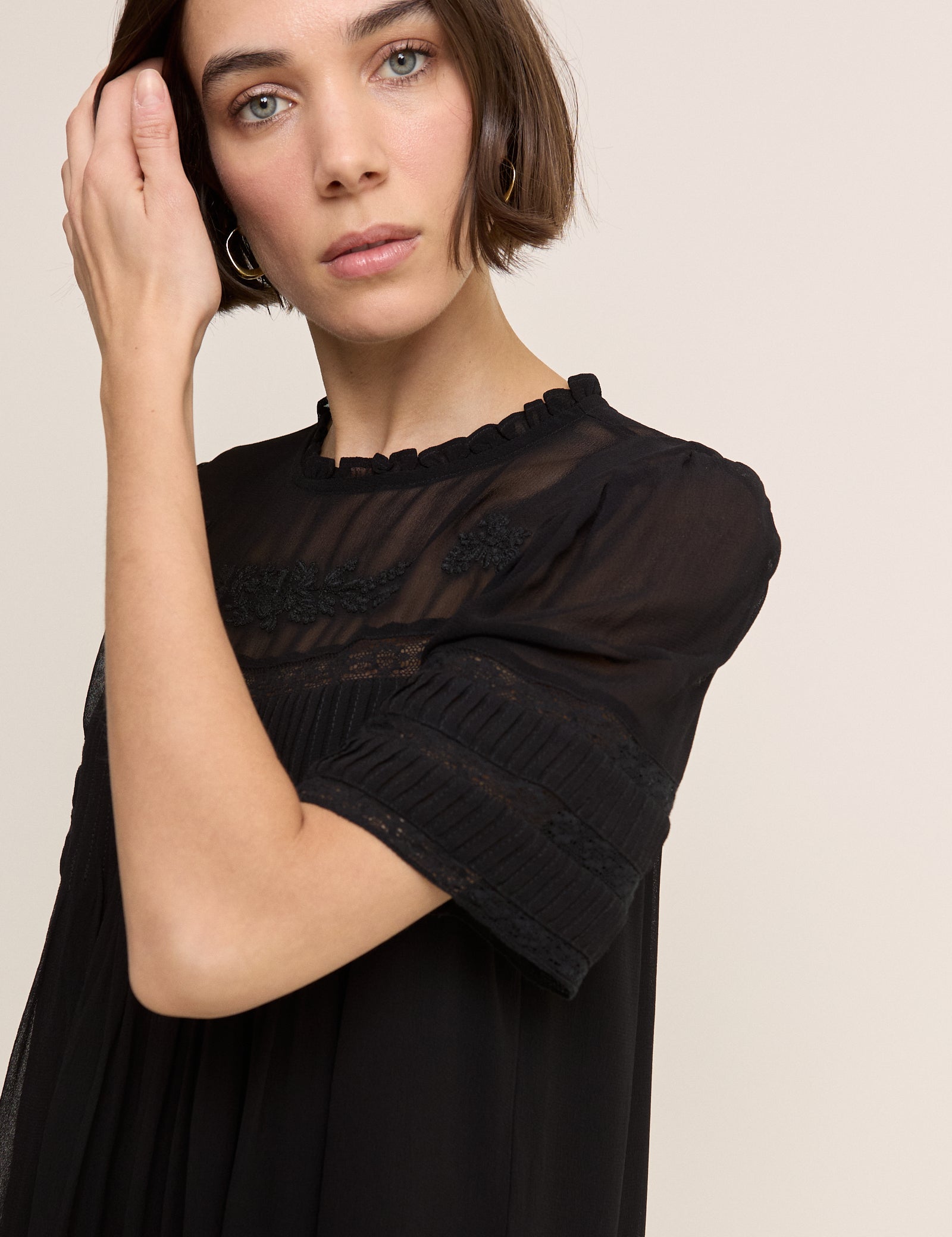 Black Pintuck Lace Trim Tally Mini Dress