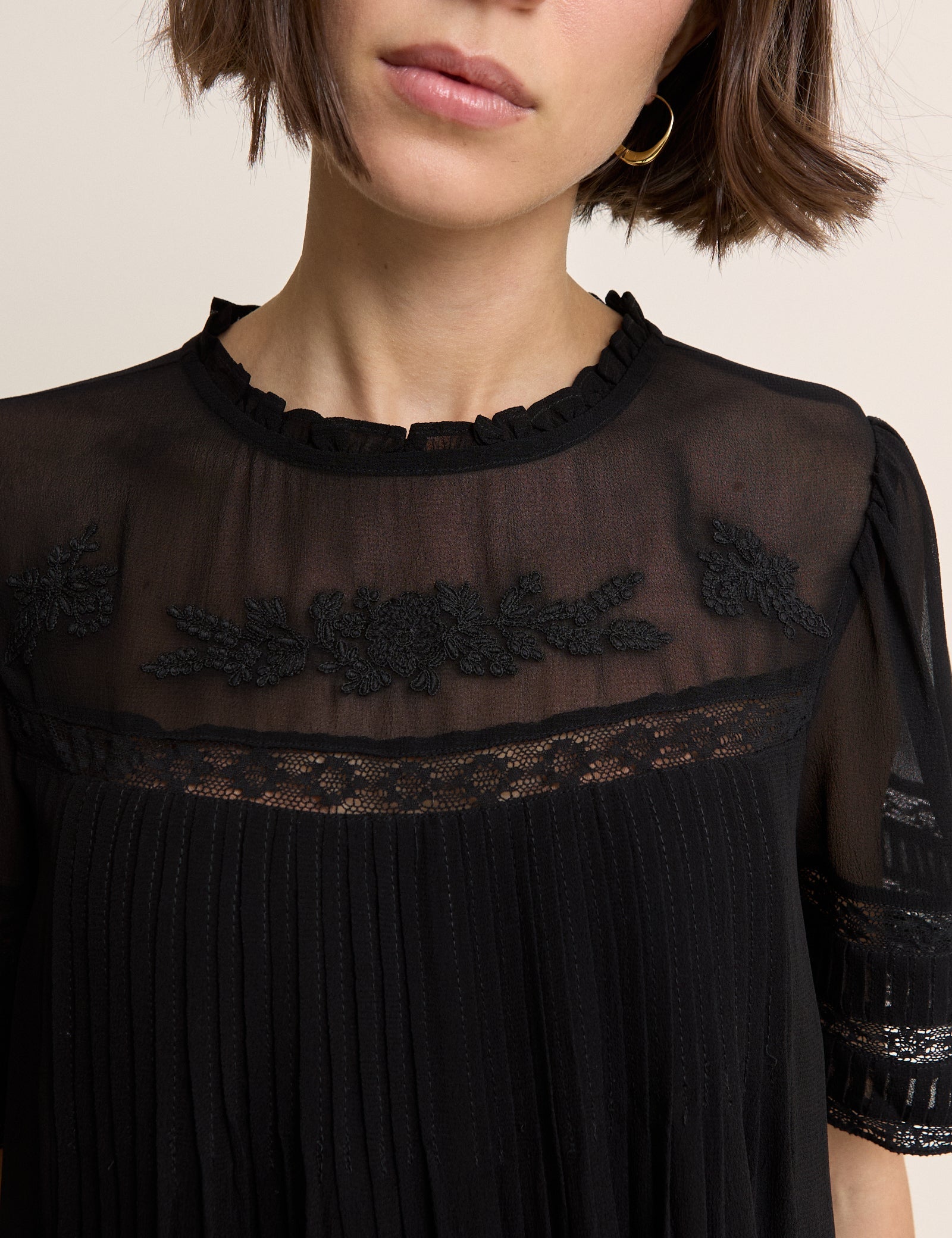 Black Pintuck Lace Trim Tally Mini Dress