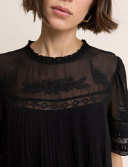 Black Pintuck Lace Trim Tally Mini Dress