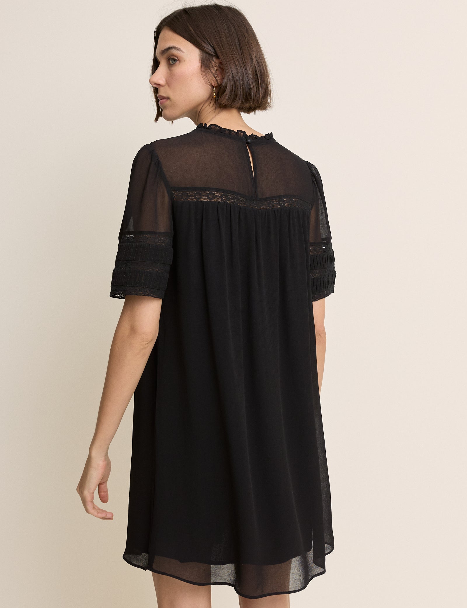 Black Pintuck Lace Trim Tally Mini Dress
