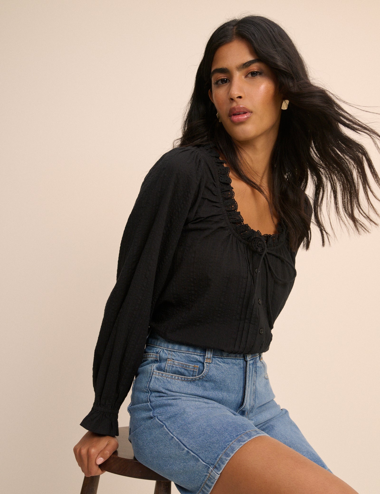 Black Broderie Anglaise Trim Lumi Blouse