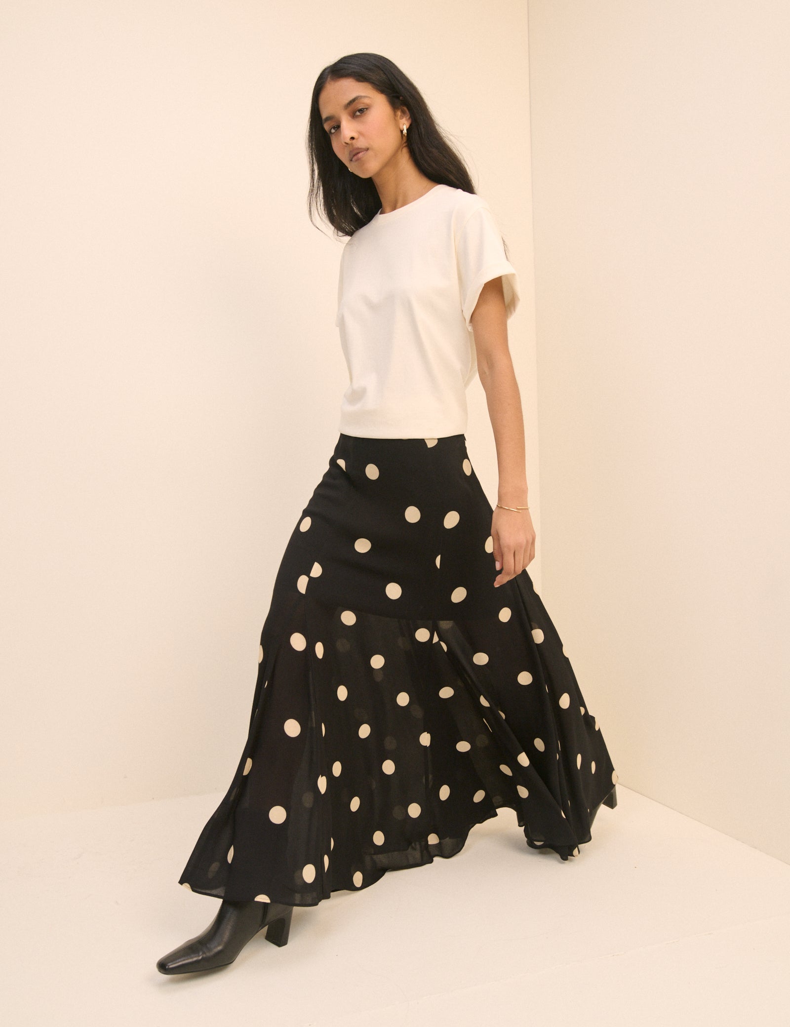 Black and Cream Polka Dot Selene Maxi Skirt