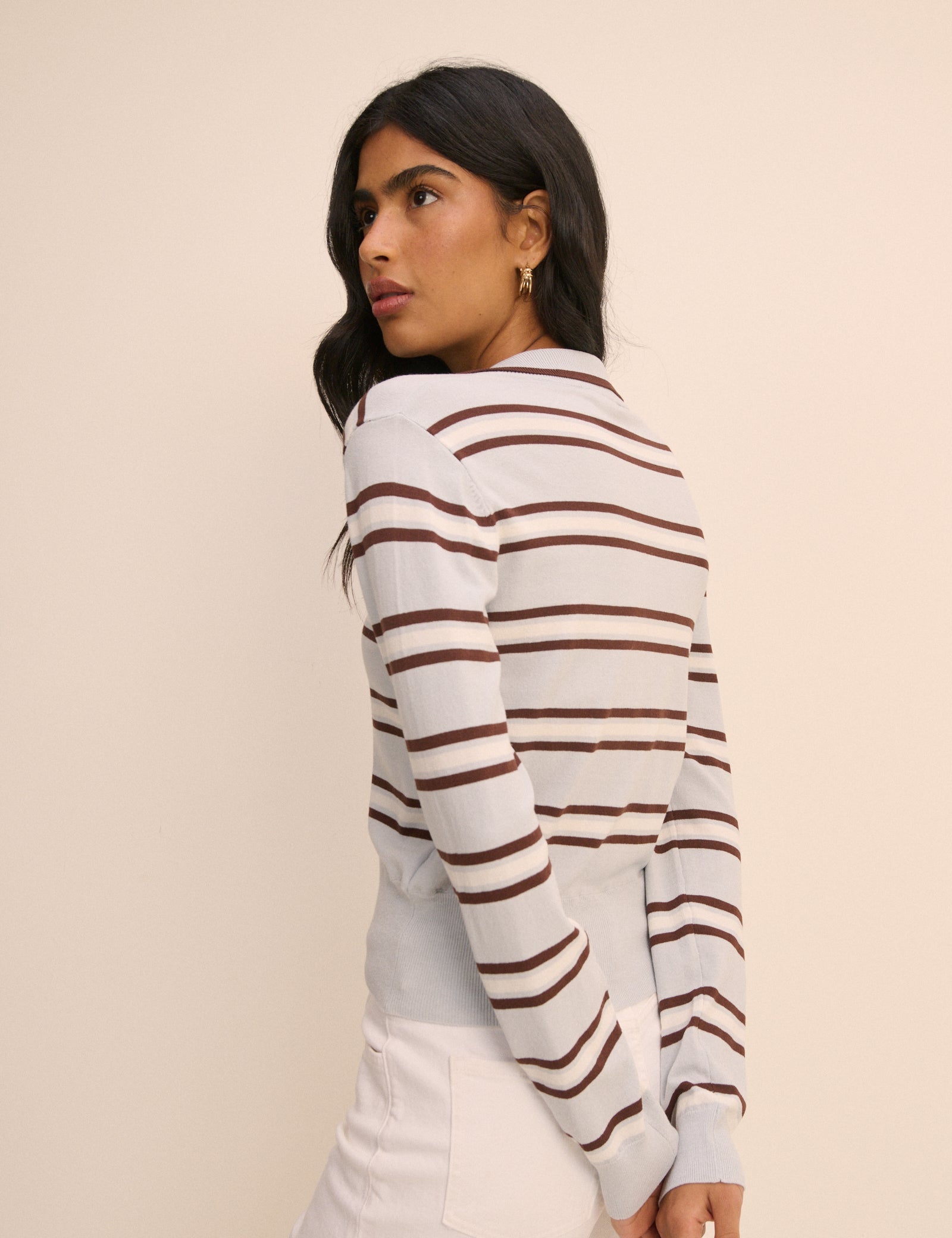 Baby Blue Striped Long Sleeve Knitted Polo Top