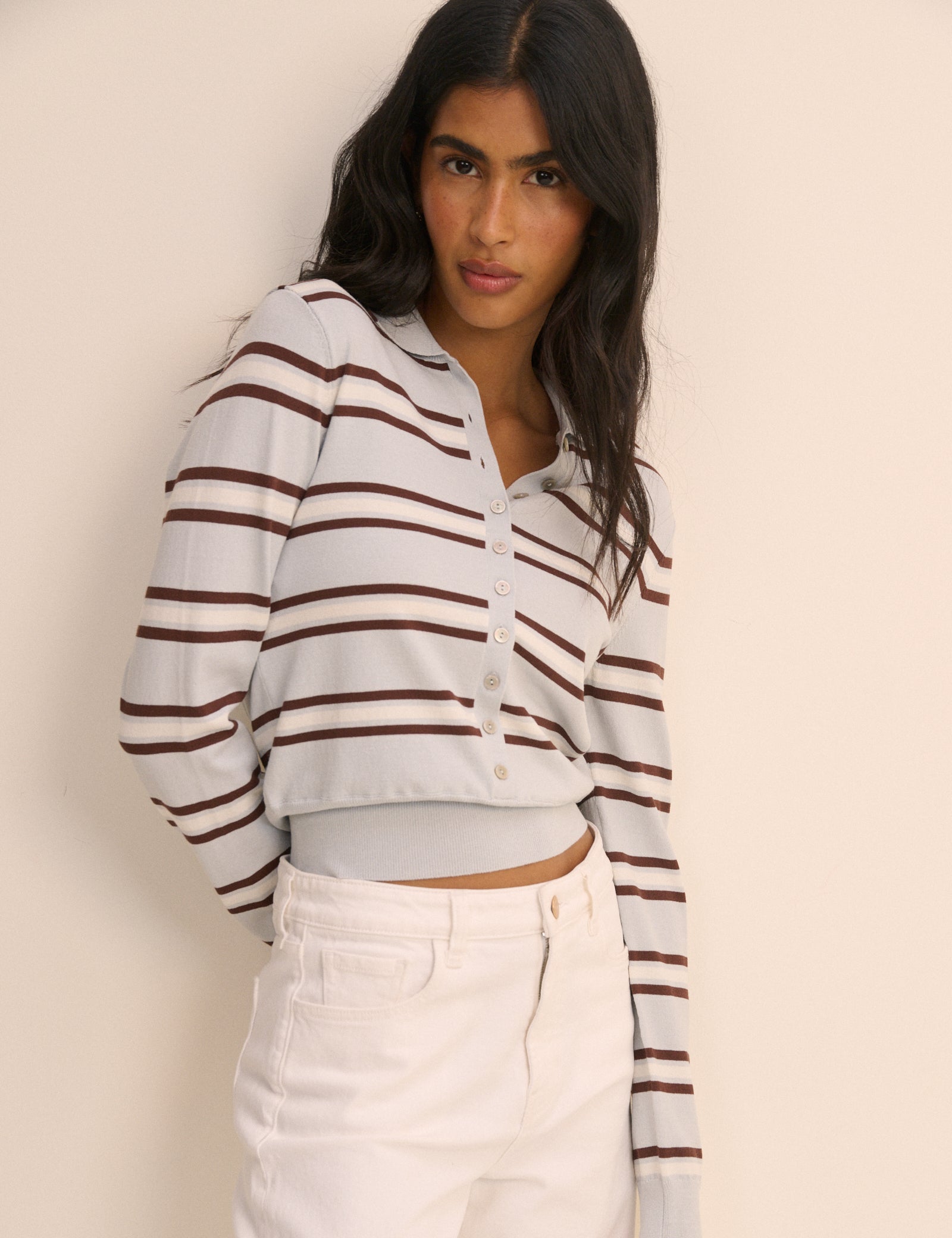 Baby Blue Striped Long Sleeve Knitted Polo Top