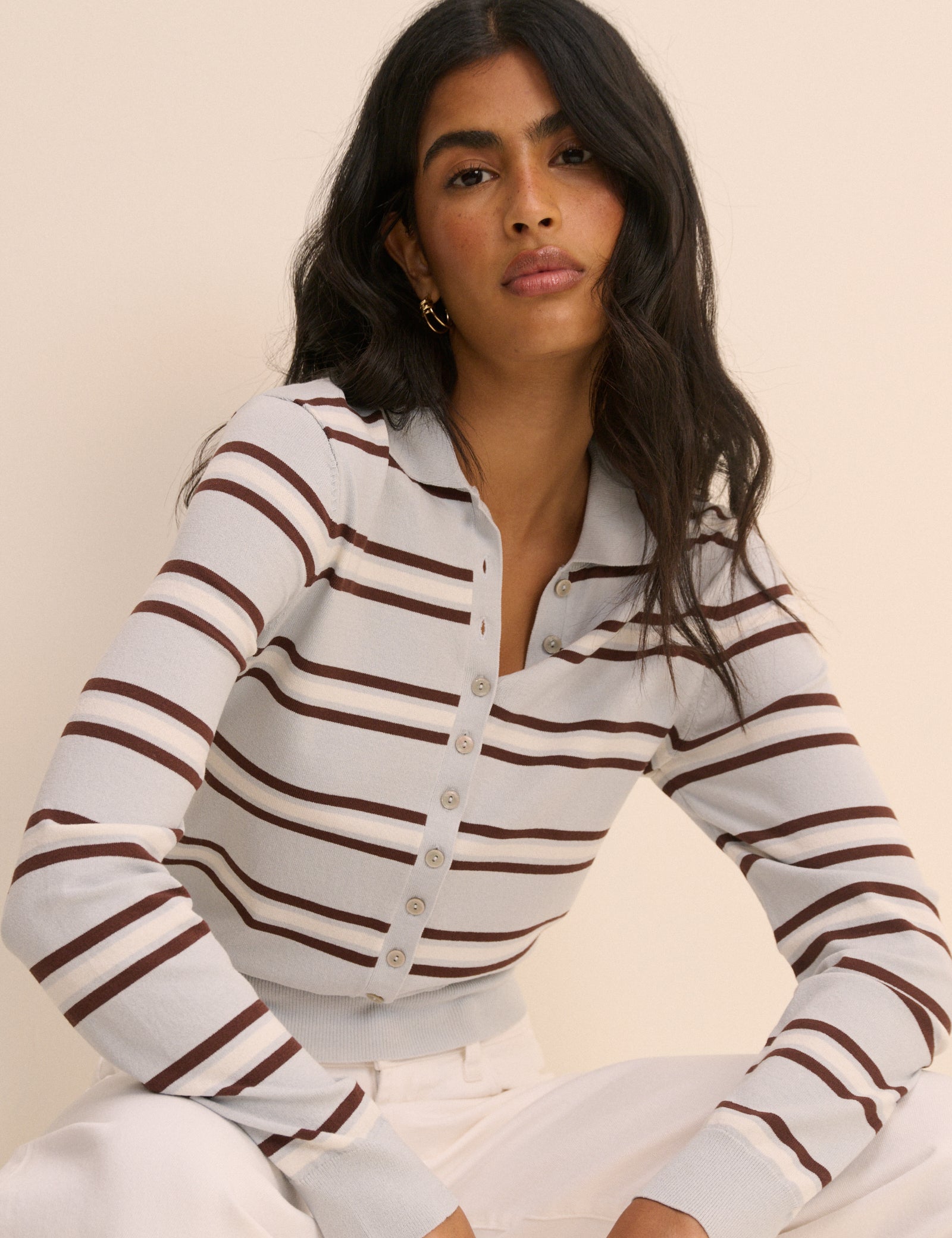 Baby Blue Striped Long Sleeve Knitted Polo Top