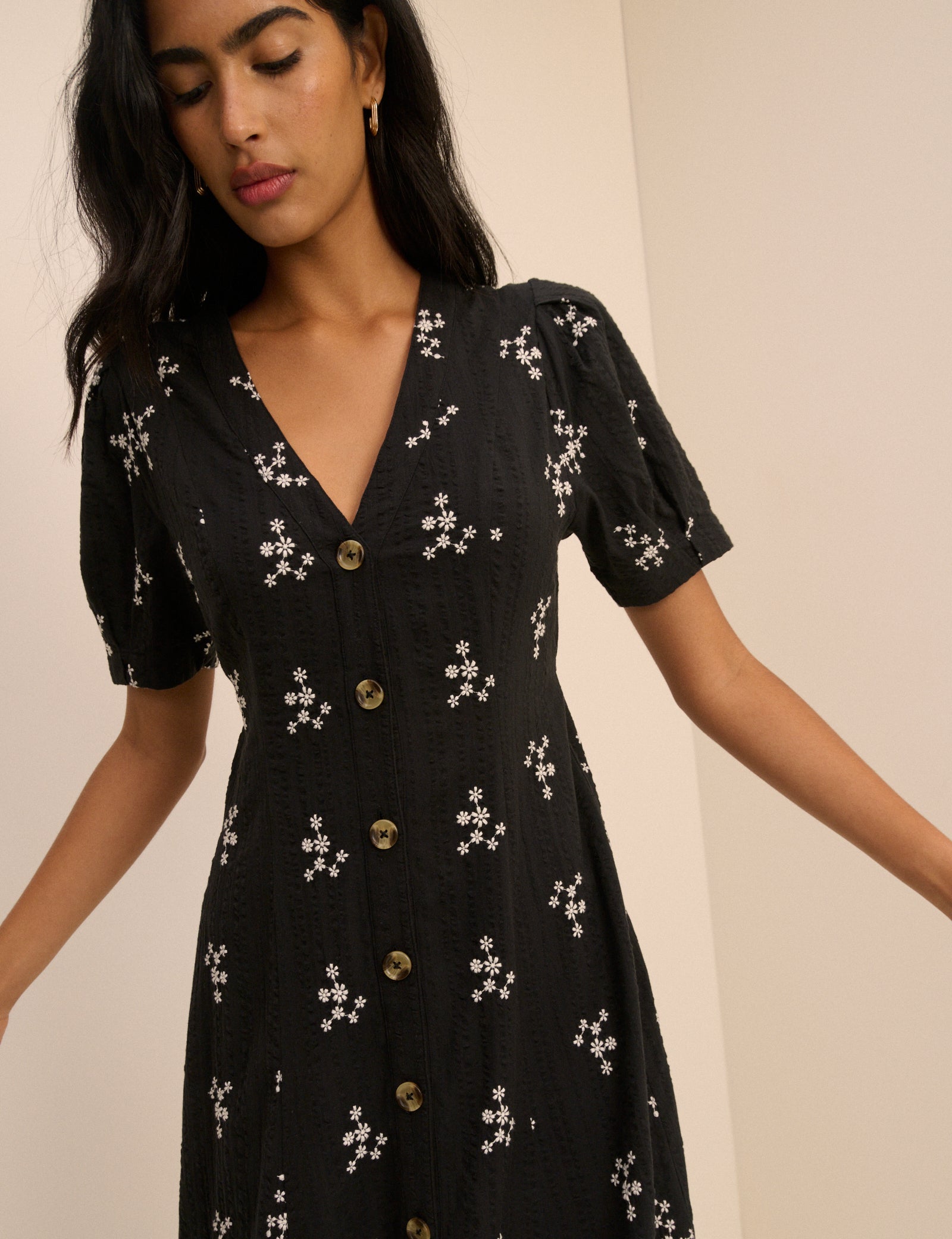 Black Floral Embroidered Button Front Zeyna Midi Dress