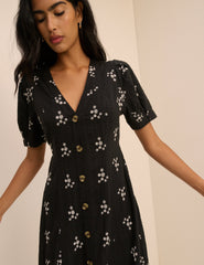 Black Floral Embroidered Button Front Zeyna Midi Dress