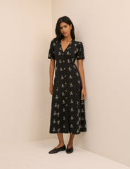 Black Floral Embroidered Button Front Zeyna Midi Dress
