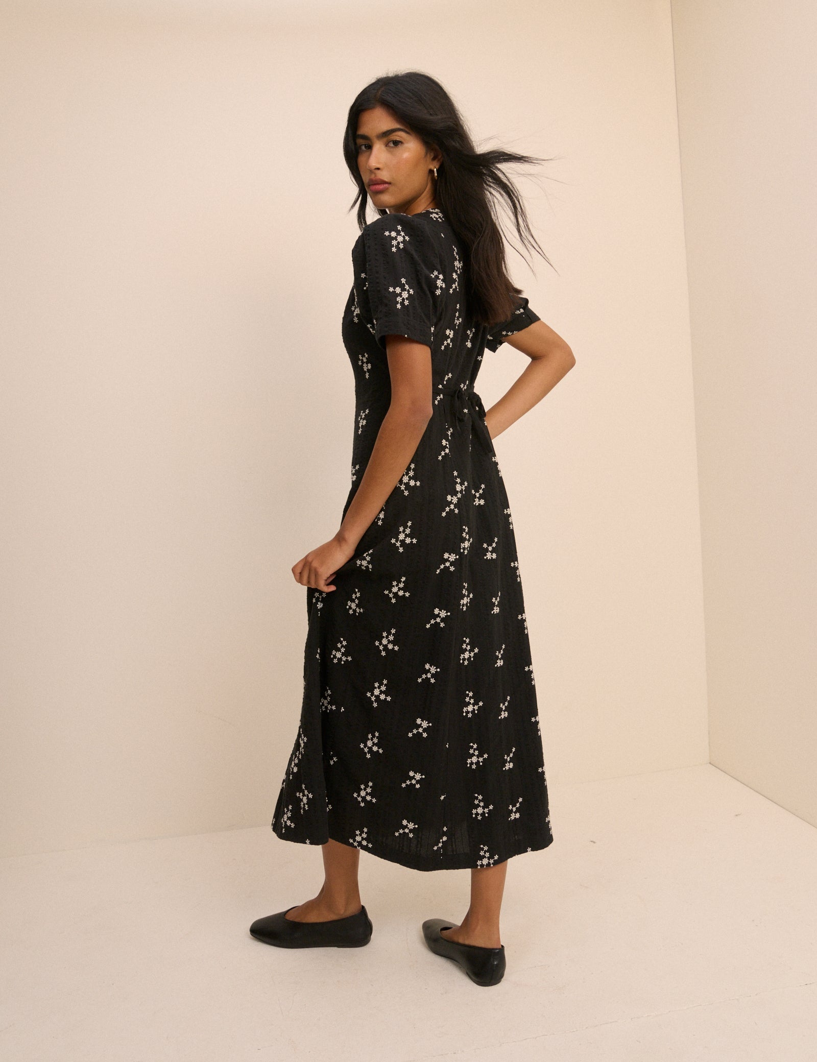 Black Floral Embroidered Button Front Zeyna Midi Dress