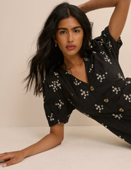 Black Floral Embroidered Button Front Zeyna Midi Dress