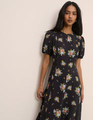 Black Floral Puff Sleeve Claudine Midi Dress