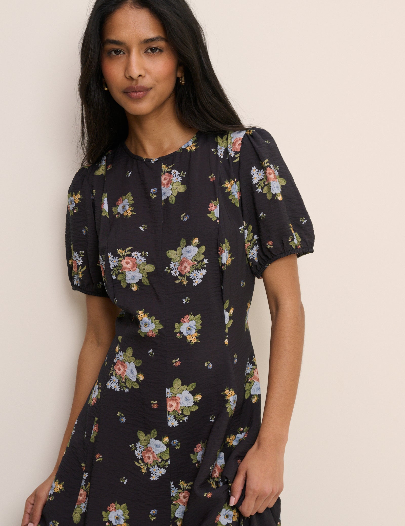 Black Floral Puff Sleeve Claudine Midi Dress