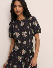 Black Floral Puff Sleeve Claudine Midi Dress