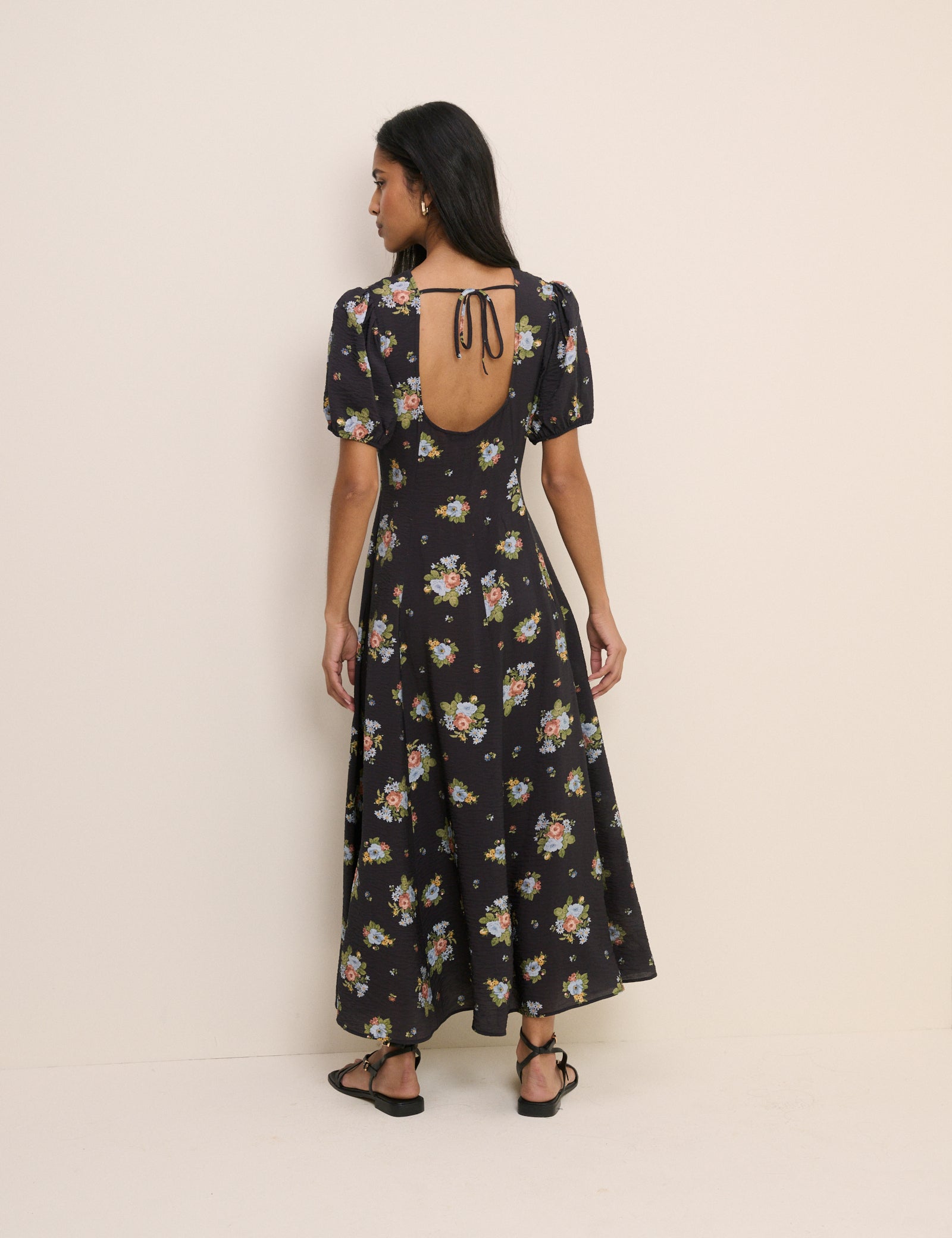 Black Floral Puff Sleeve Claudine Midi Dress