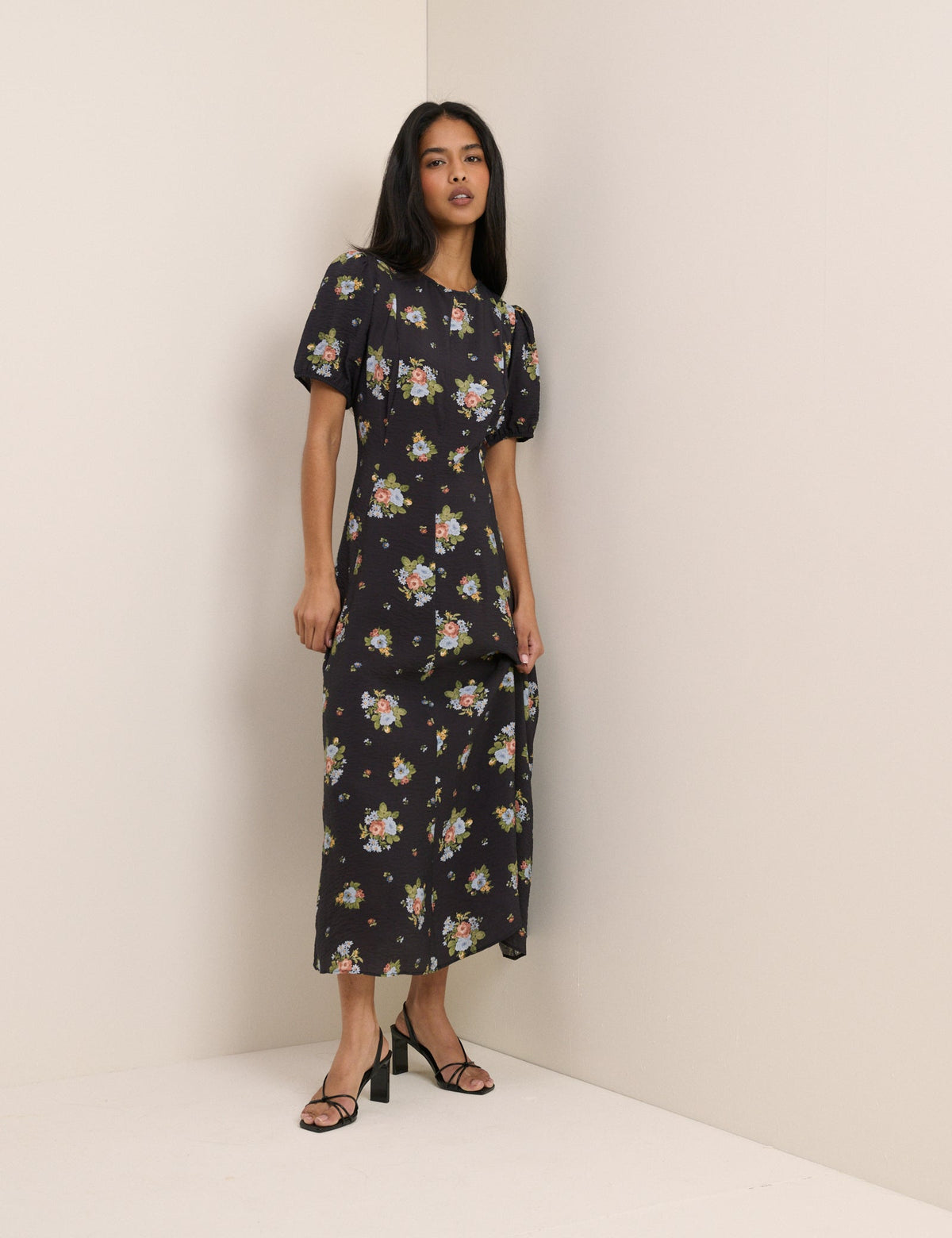 Black Floral Puff Sleeve Claudine Midi Dress