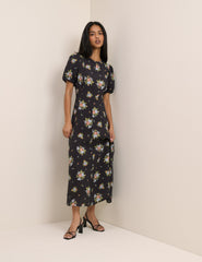 Black Floral Puff Sleeve Claudine Midi Dress