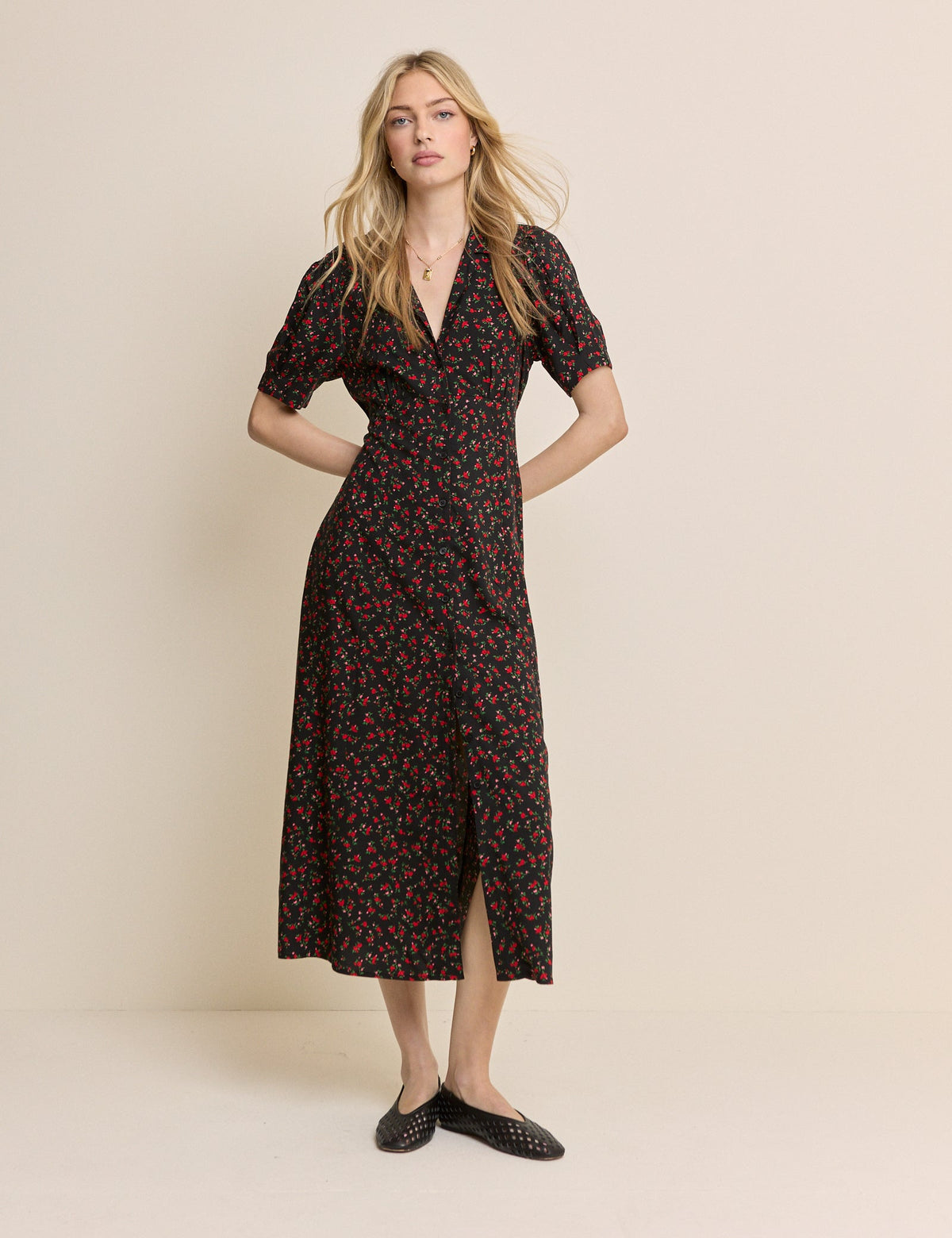 Black Floral Collared Chrissy Midi Dress