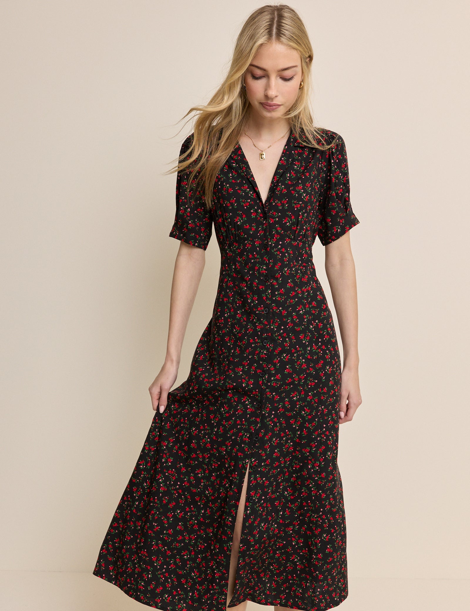 Black Floral Collared Chrissy Midi Dress