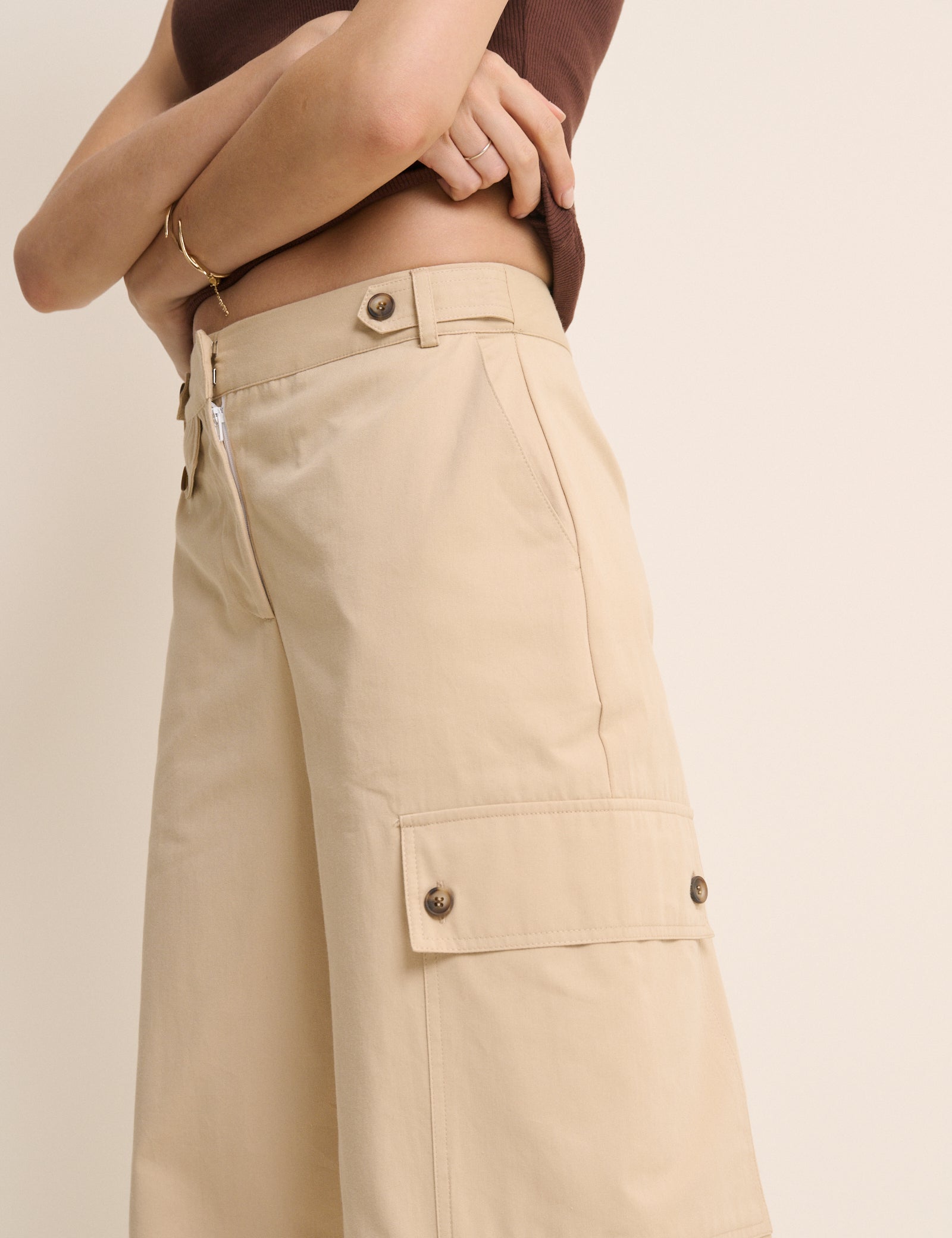 Beige Utility Wide Leg Trousers