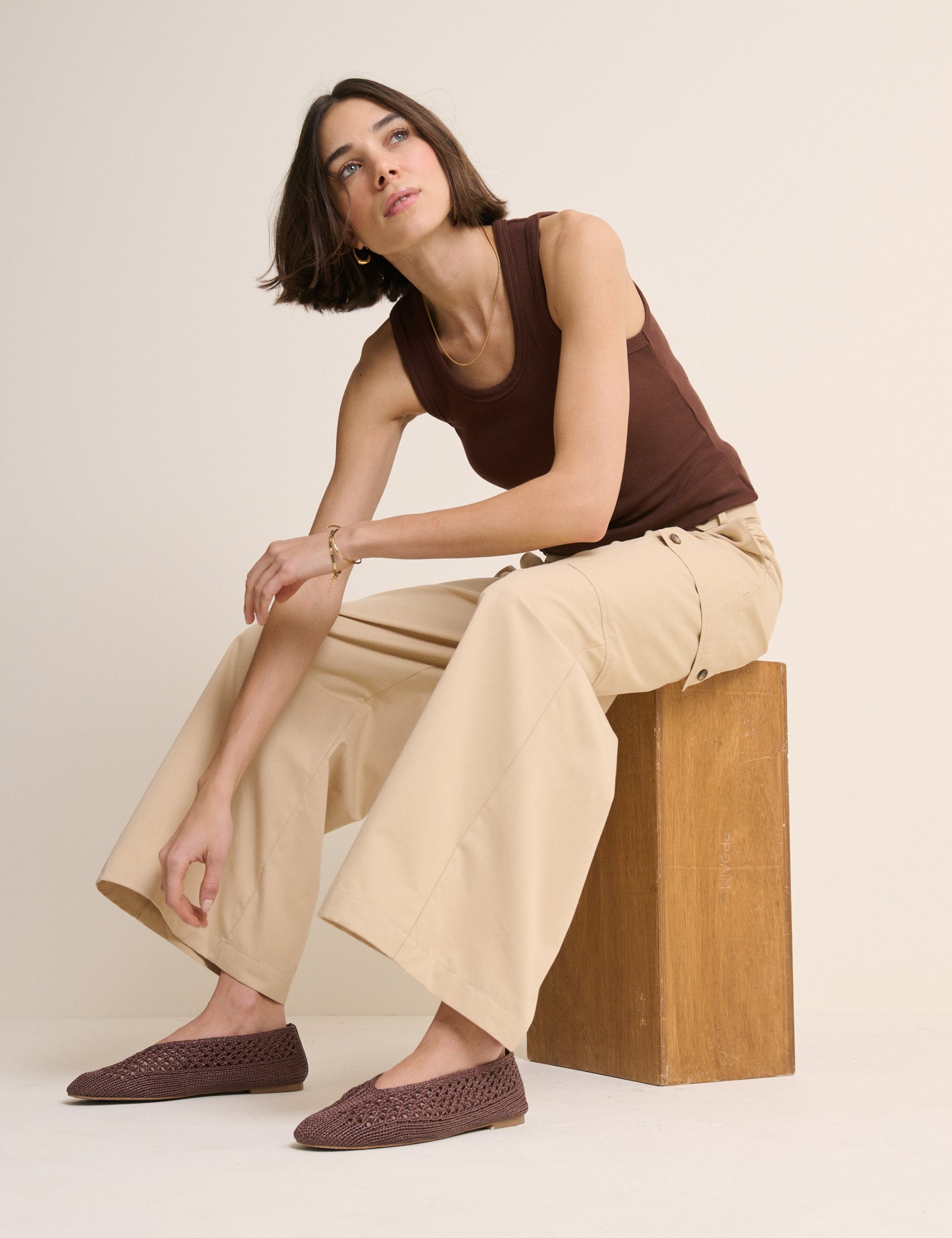 Beige Utility Wide Leg Trousers