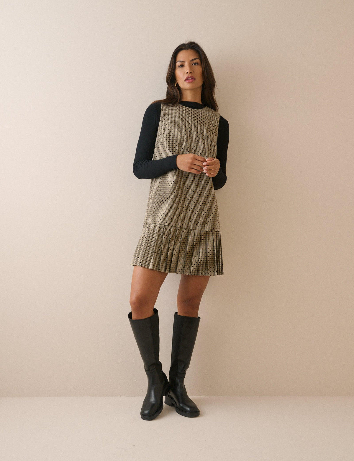 Beige Check Drop Waist Shift Dress