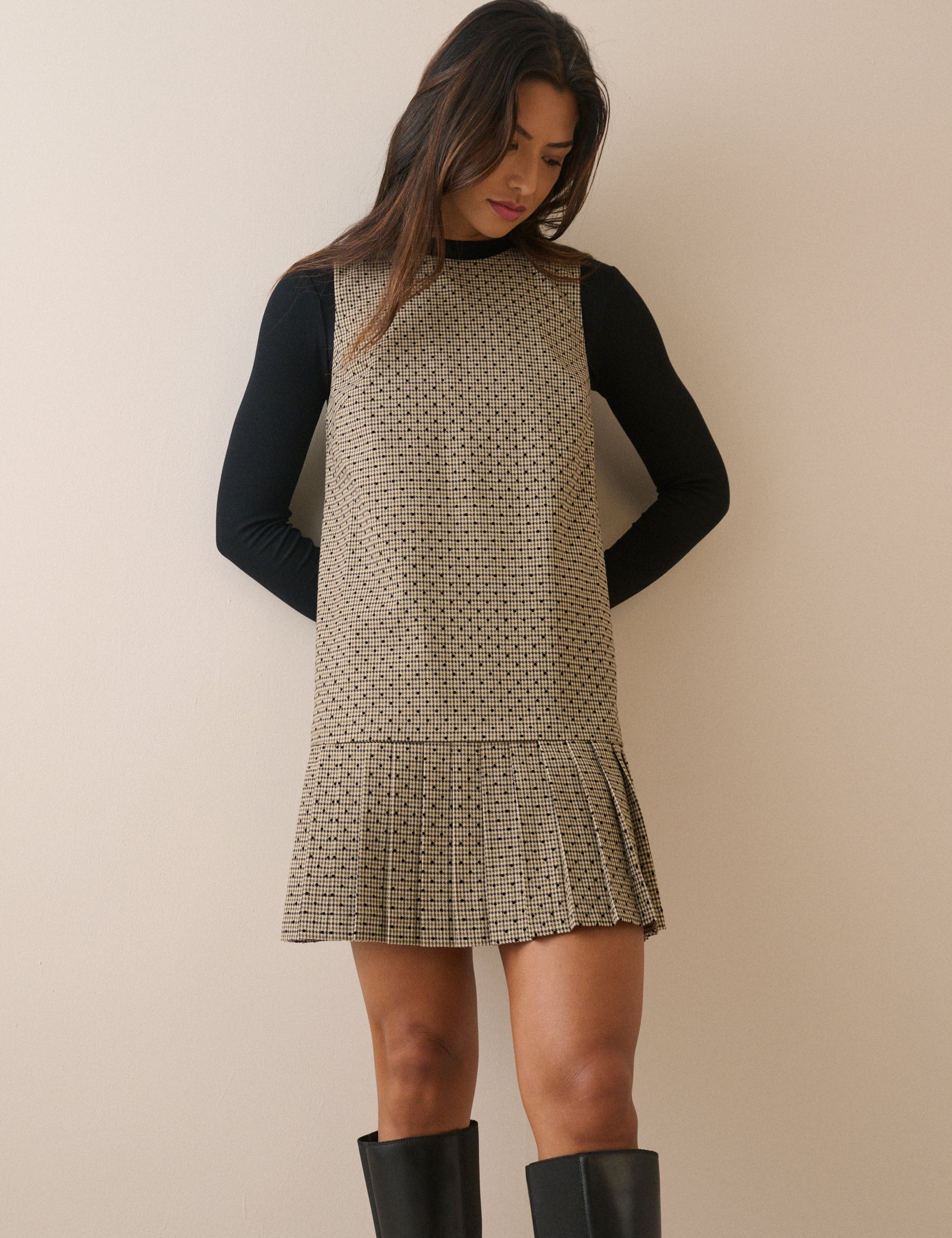 Beige Check Drop Waist Shift Dress