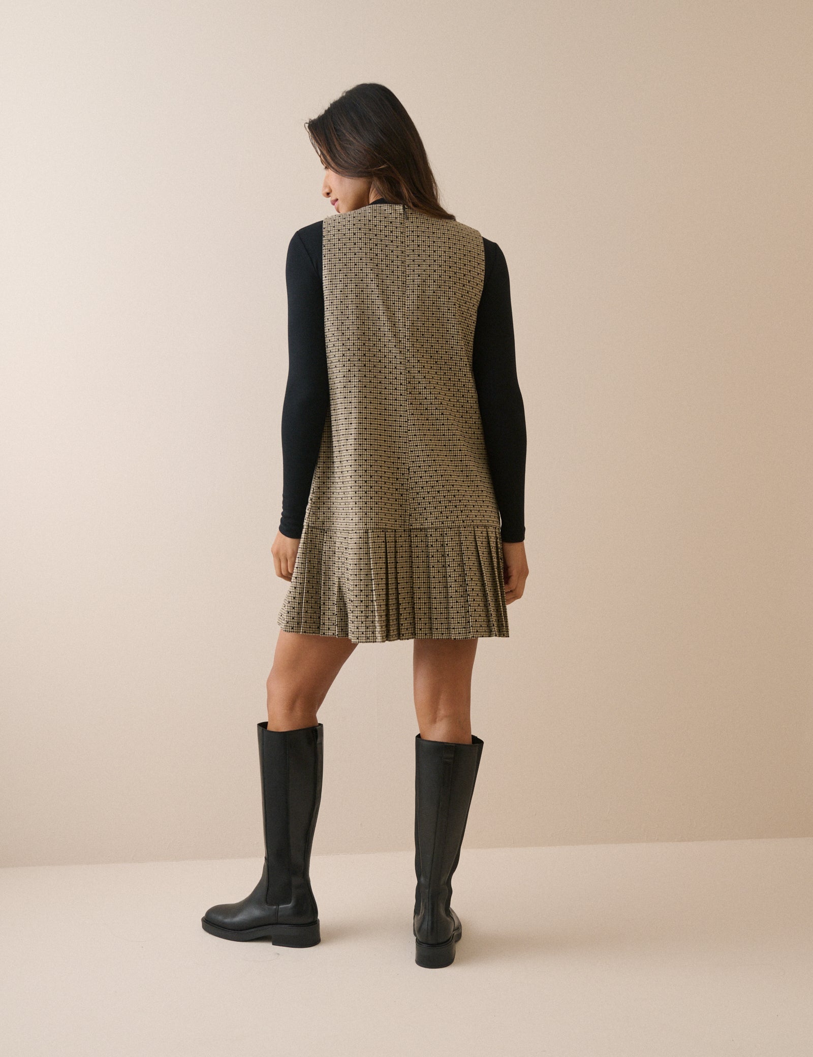 Beige Check Drop Waist Shift Dress