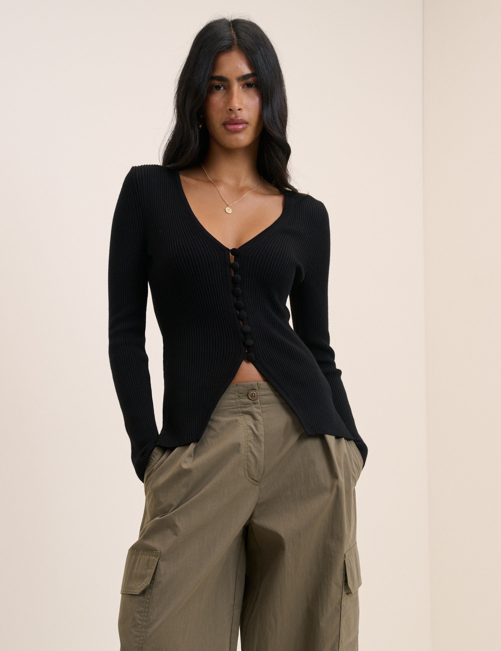 (HOLD) Black V-Neck Button Through Waisted Cardigan