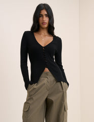 (HOLD) Black V-Neck Button Through Waisted Cardigan