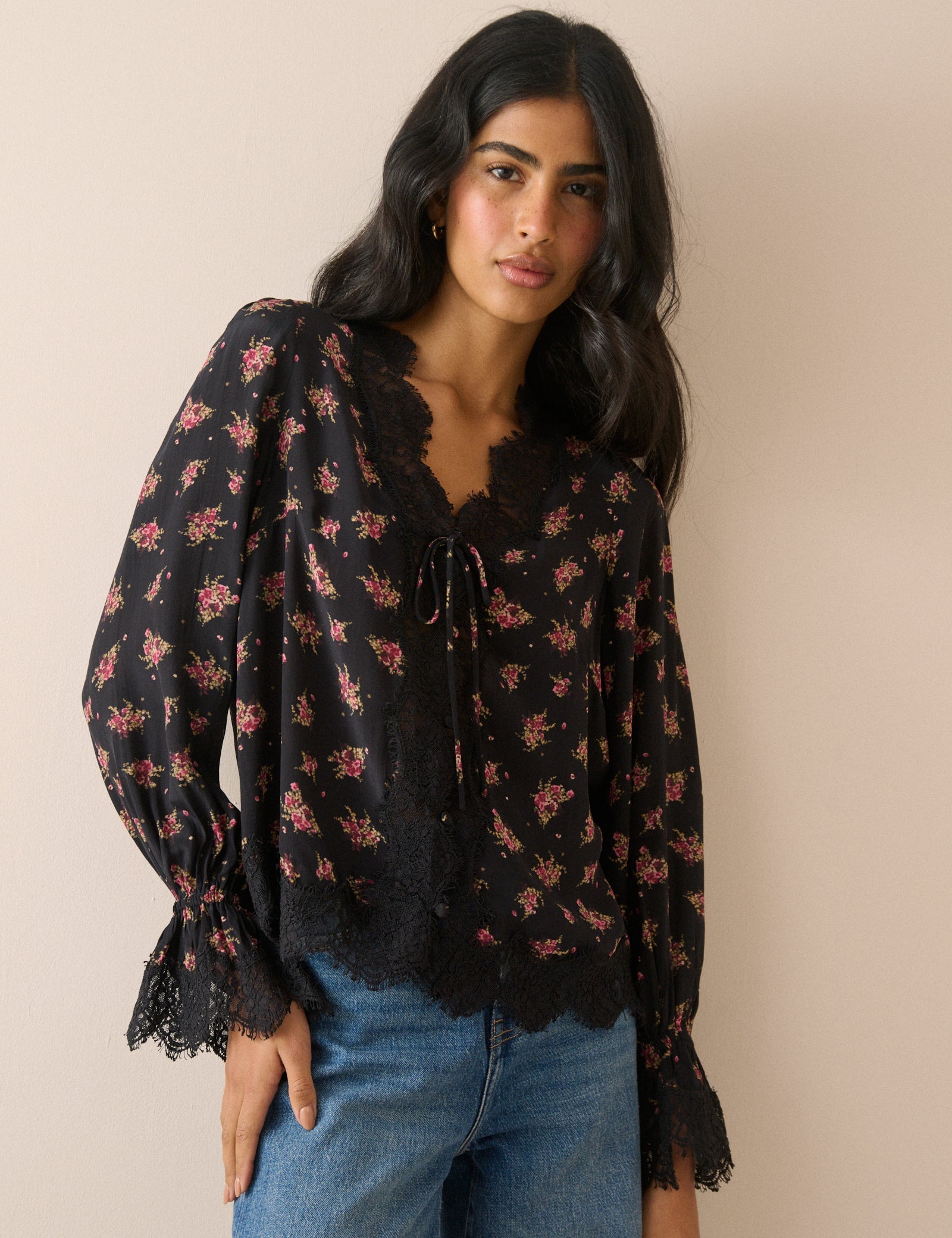Black Floral Lace Trim Satin Blouse