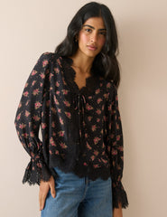 Black Floral Lace Trim Satin Blouse