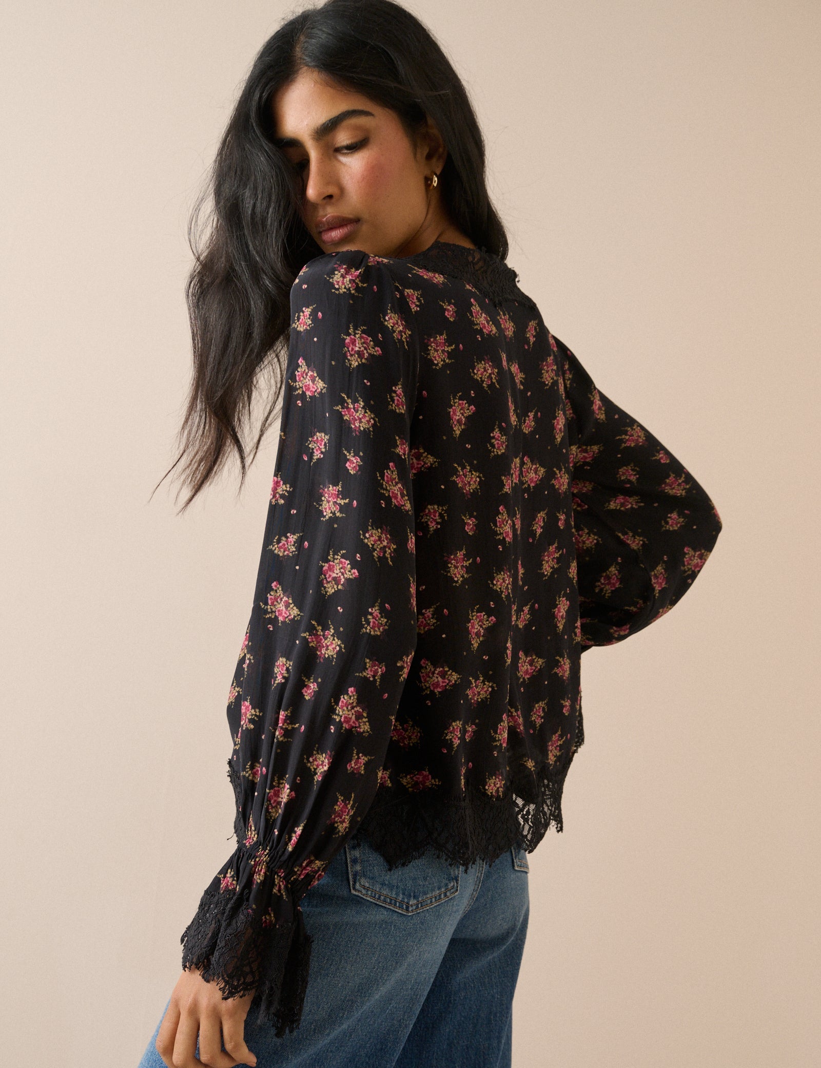 Black Floral Lace Trim Satin Blouse