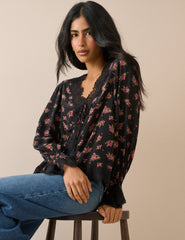 Black Floral Lace Trim Satin Blouse