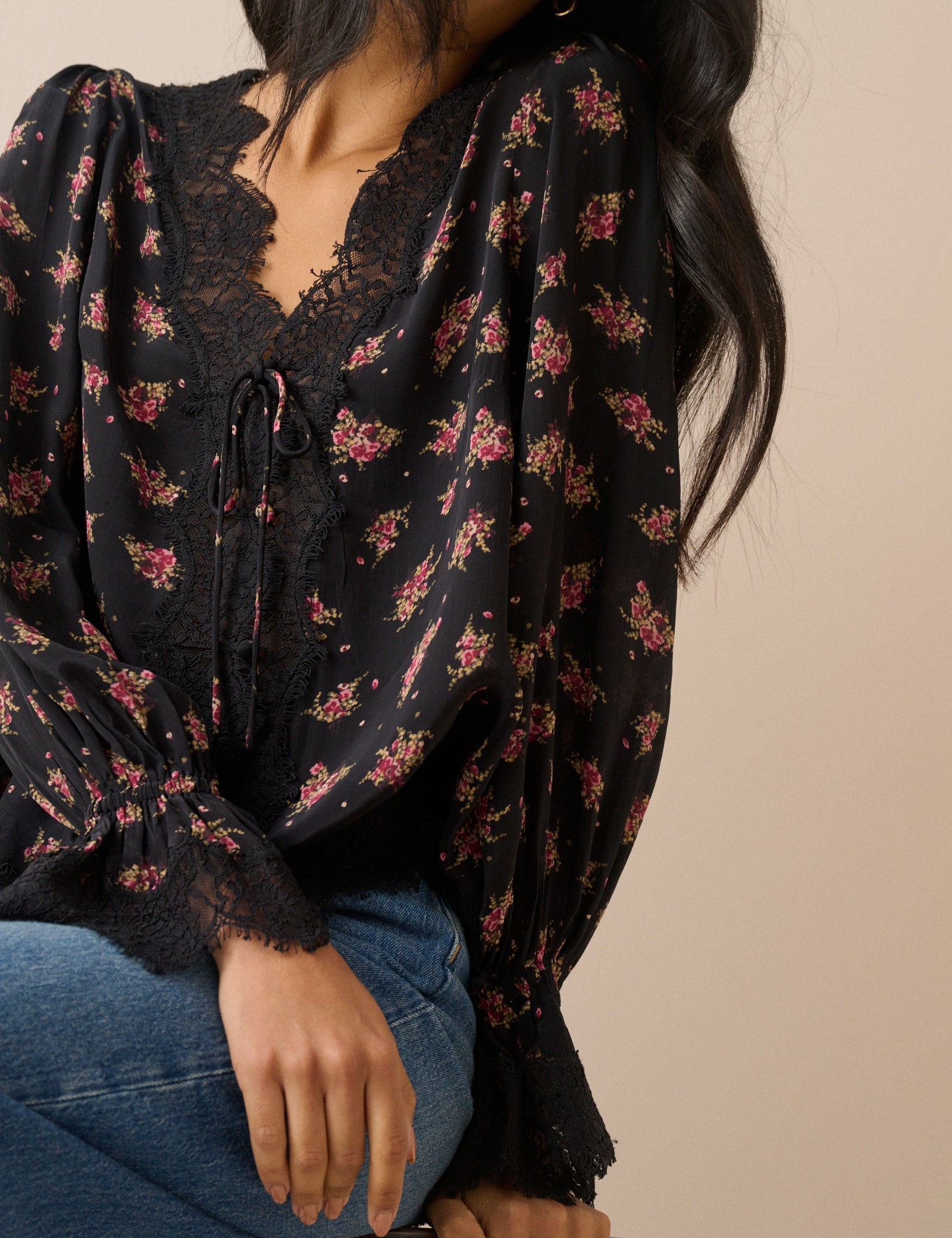 Black Floral Lace Trim Satin Blouse