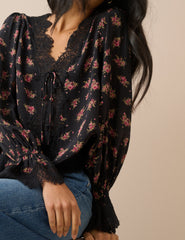 Black Floral Lace Trim Satin Blouse