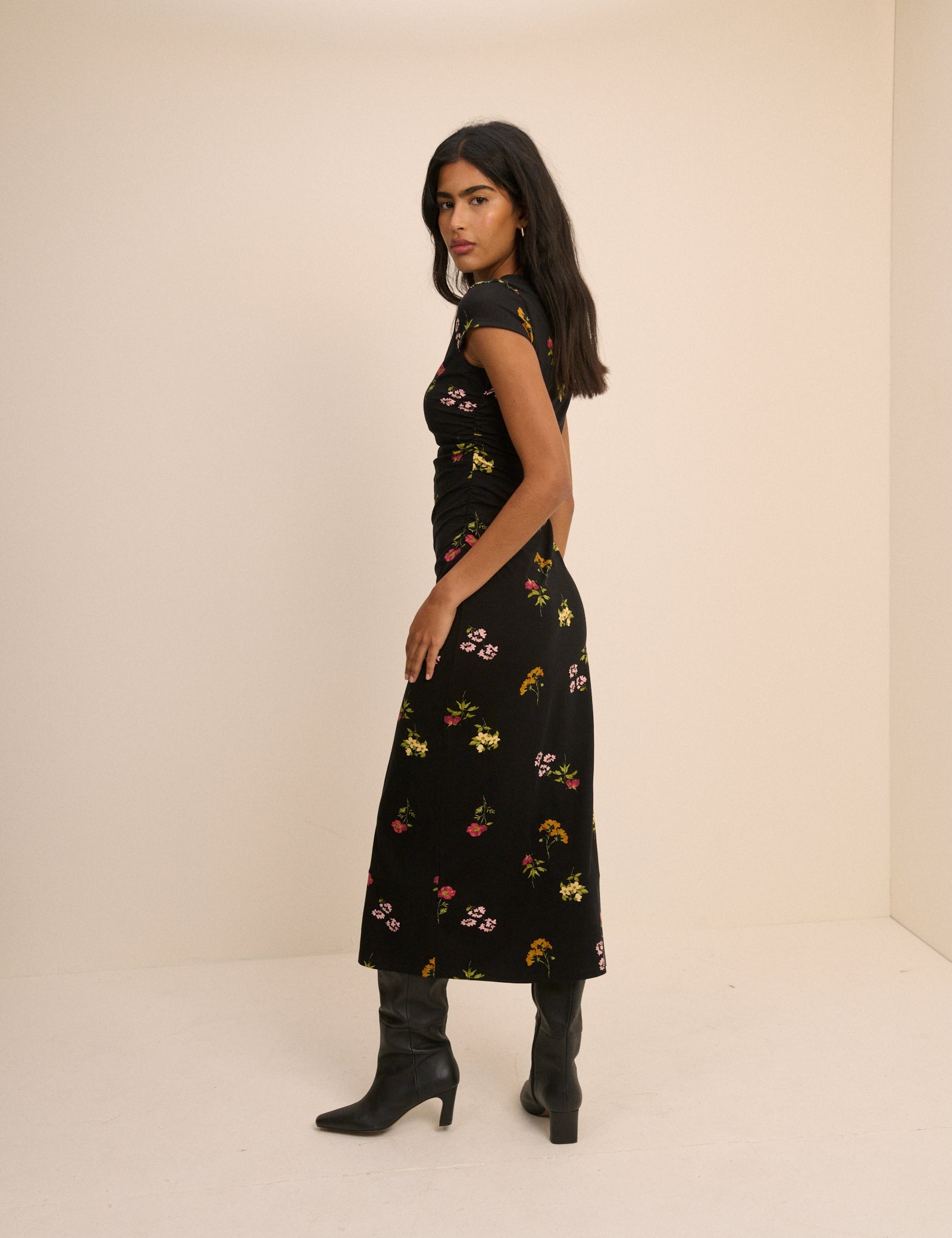 Black Floral Jersey Laurella Midi Dress