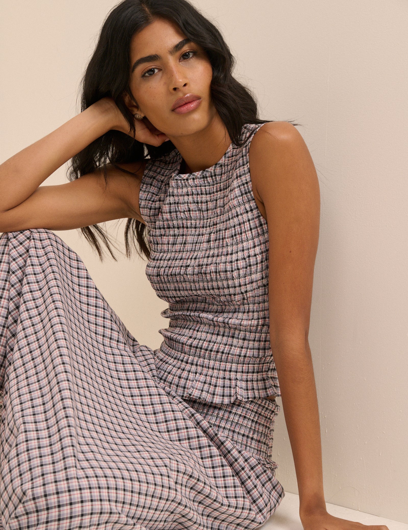 Black and Blue Check Shirred Sallie Top