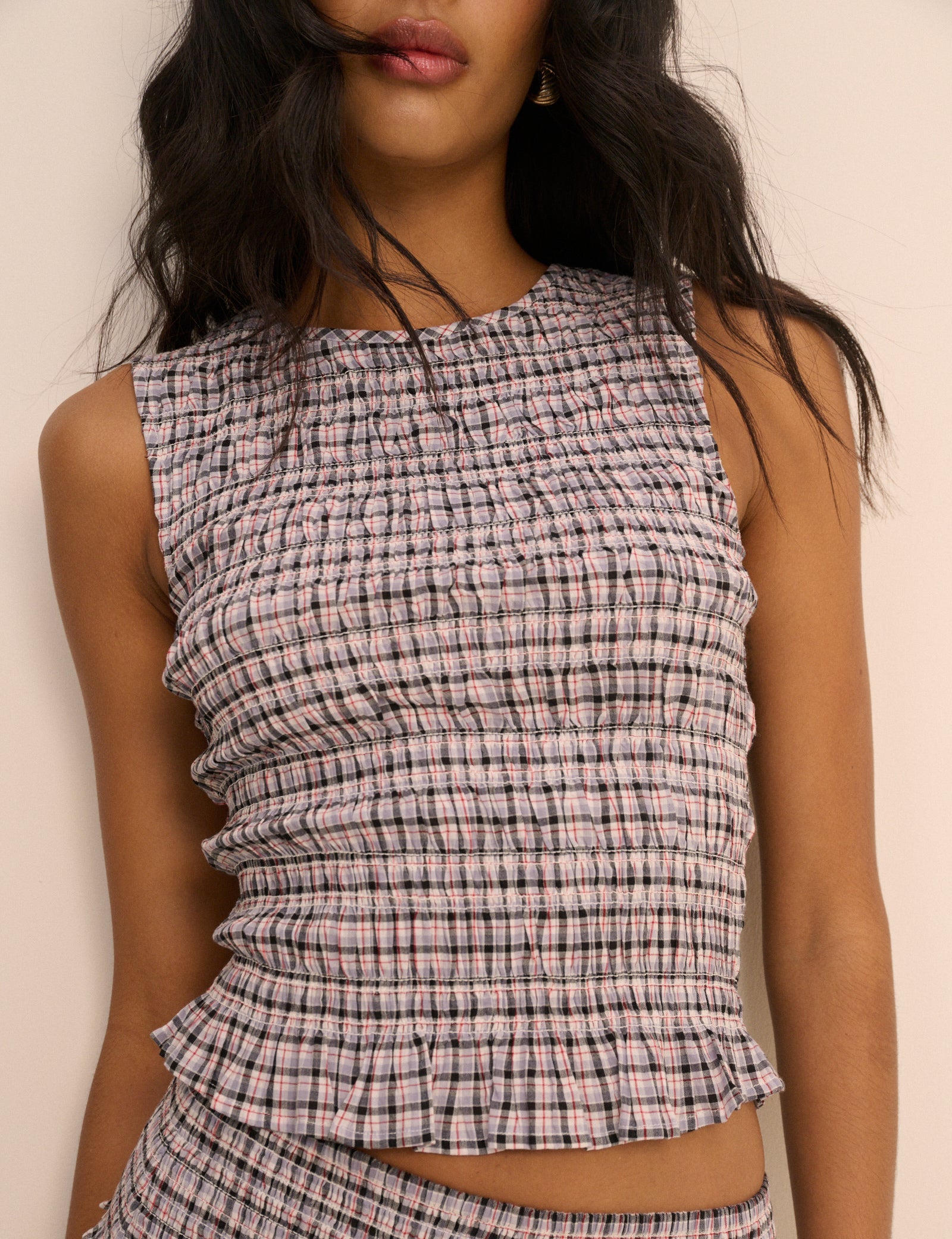 Black and Blue Check Shirred Sallie Top
