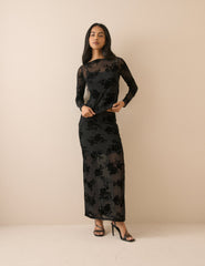 Black Floral Mesh Maxi Skirt