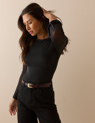 Black Jersey Mesh Long Sleeve Top
