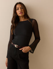 Black Jersey Mesh Long Sleeve Top