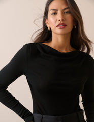 Black Merino Wool Draped Boat Neck Long Sleeve Top