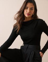 Black Merino Wool Draped Boat Neck Long Sleeve Top