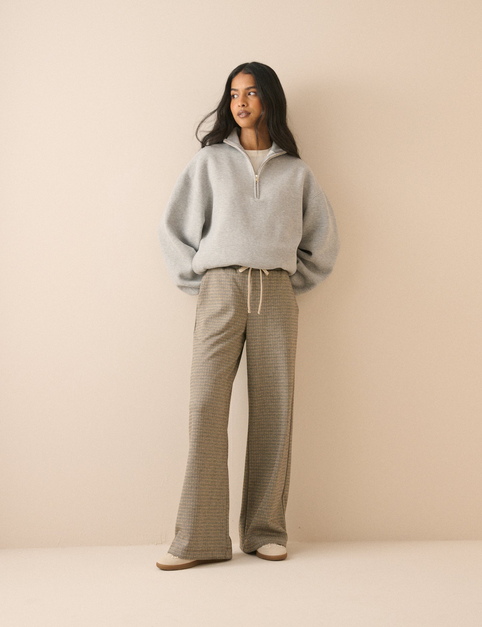 Beige Houndstooth Wide Leg Trouser