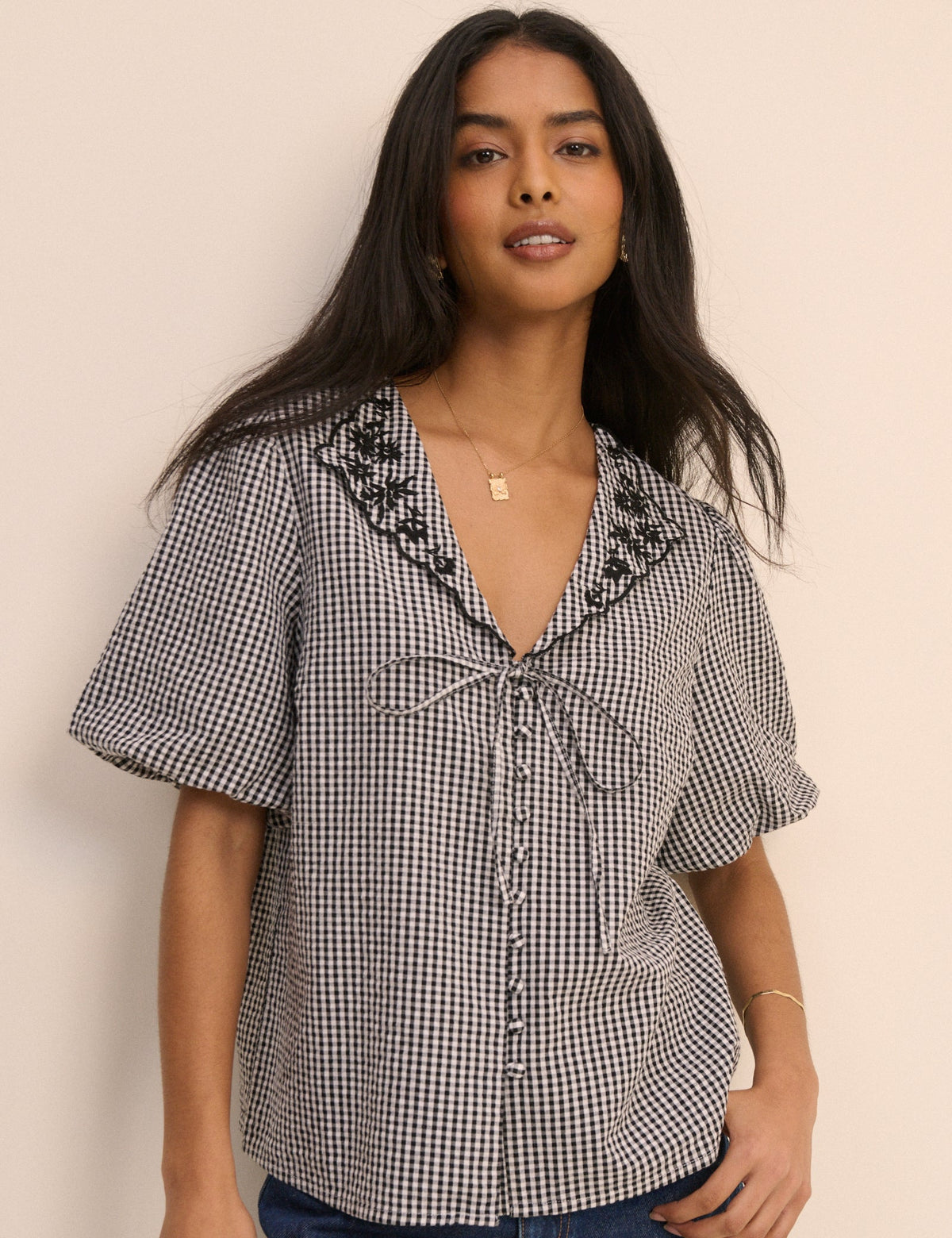 Black and White Gingham Puff Sleeve Isla Top