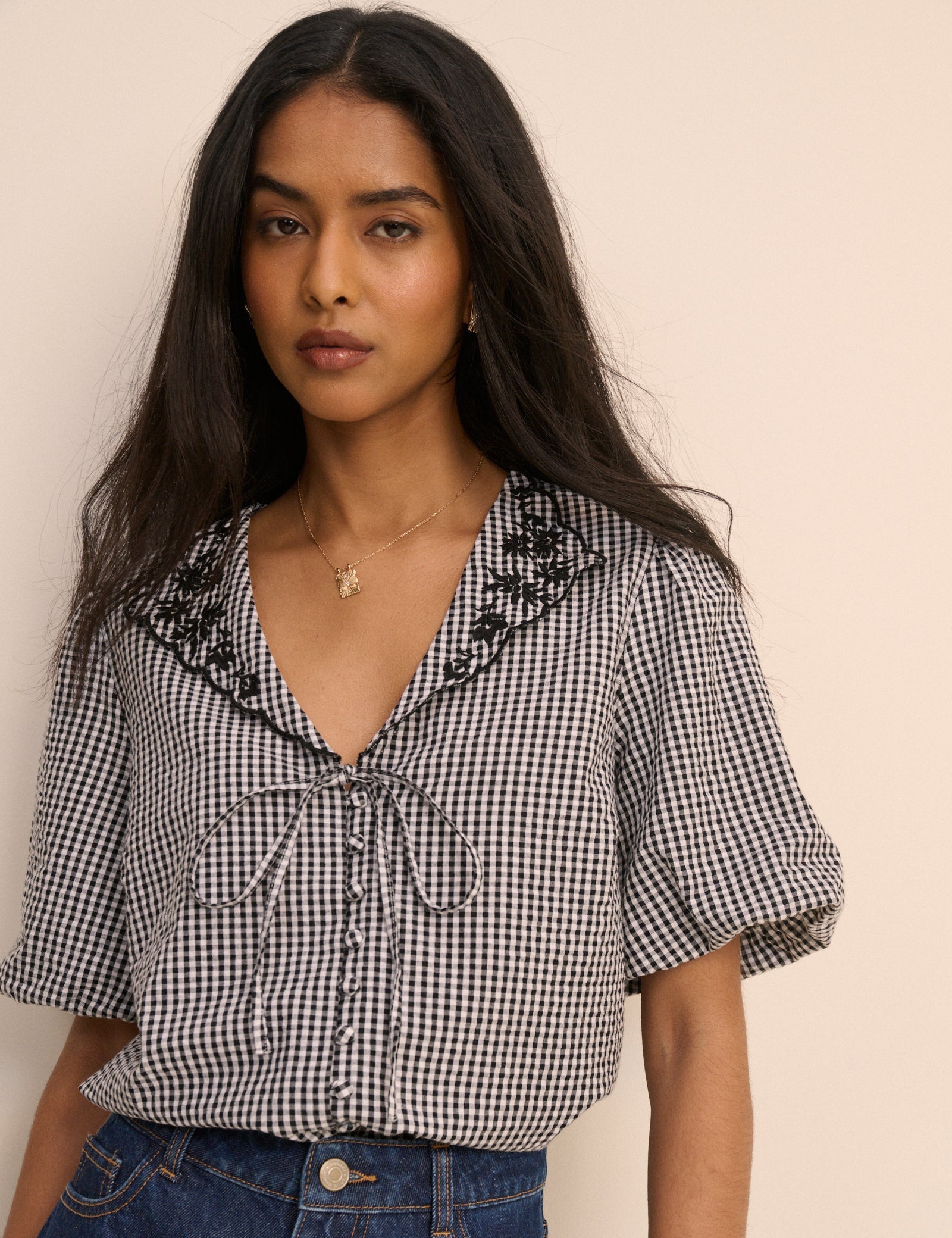Black and White Gingham Puff Sleeve Isla Top